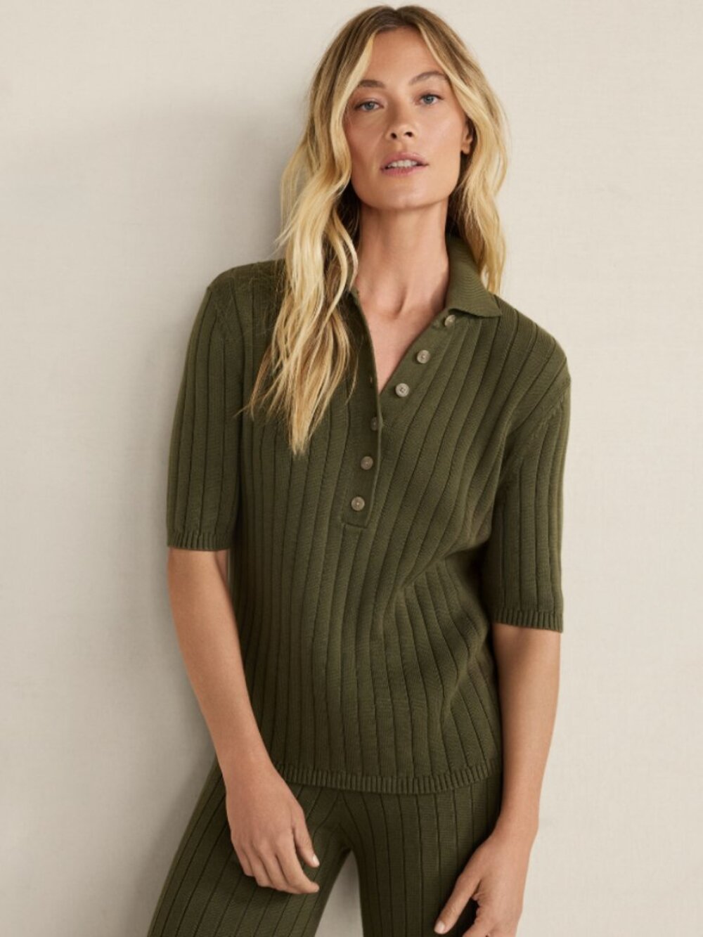 Haven Well Within Organic Cotton Ribbed Collard Sweater / Polo Top in Olive
